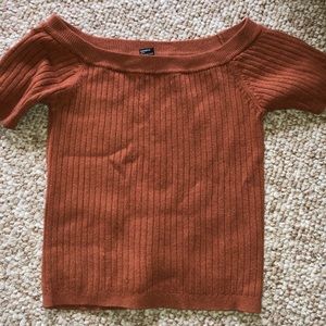 Orange sweatshirt off the shoulder crop top